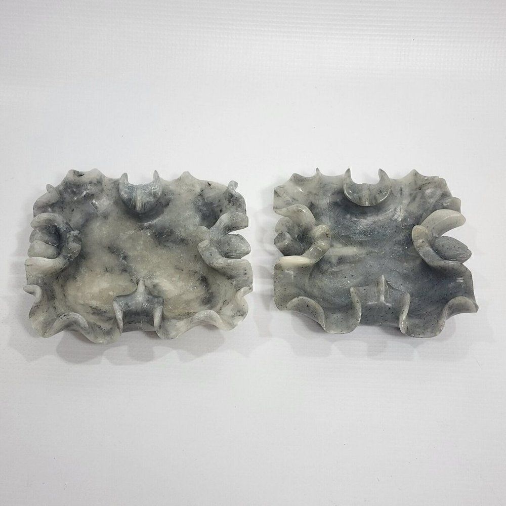 Set of 2 ANTIQUE Hand Carve Chinese Gray Soapstone Tray Lotus Leaf Dish